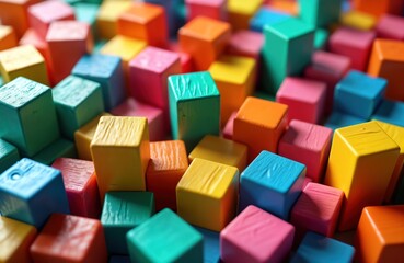 Obraz premium Colorful wooden blocks form intricate abstract structure. Vibrant colors create playful, imaginative scene. Interlocking shapes suggest building process puzzle. Design demonstrates creativity,