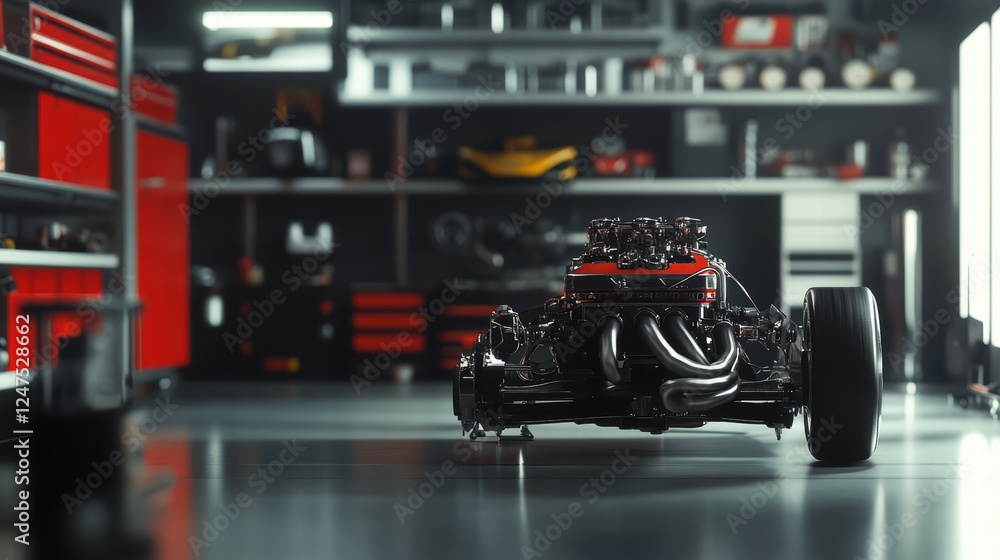 Poster powerful engine displayed in racing garage, showcasing intricate details and sleek design. vibrant r