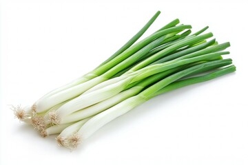 Bunch of green onions are displayed on a white background