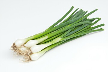 Bunch of green onions are displayed on a white background