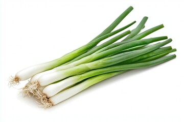 Bunch of green onions are displayed on a white background