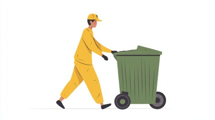 A person in a yellow uniform pushing a green garbage bin