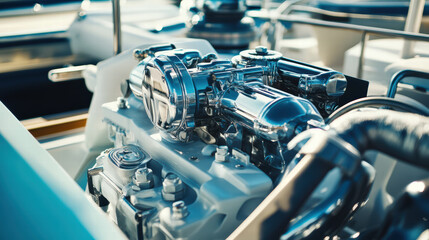 powerful marine engine with shiny chrome finish, installed on boat, showcasing intricate details and craftsmanship. This captures essence of marine engineering and design