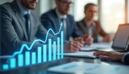 Business team analyzing financial chart. Pro colleagues discuss exponential growth projection in meeting. Focus on compound interest curve on displayed graph. Teamwork evident. Strategic planning in
