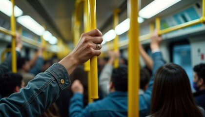 Woman holds handrail on crowded public transport. People travel together. City life style. Urban transportation in action. Passenger safety. Everyday commuter scene. Public rail service. Interior