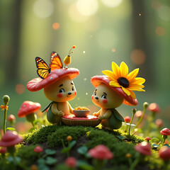 Fototapeta premium Two cute mushroom characters sharing meal in vibrant forest setting