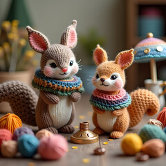 Two adorable knitted squirrels with colorful collars surrounded by yarn balls