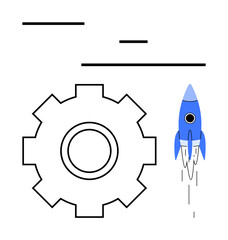 Gear and blue rocket with motion lines. Ideal for concepts of innovation, startup growth, progress, teamwork, development, productivity, future technology. Abstract line flat metaphor