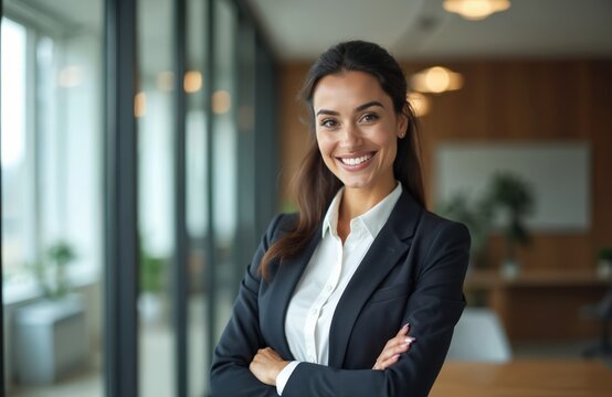 Confident businesswoman poses in corporate office. Successful female leader stands in modern office. Pro person smiles at camera with arms crossed. Positive, assertive female businessperson looks