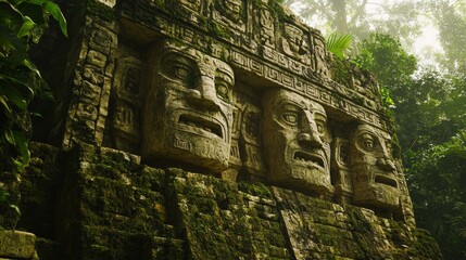 Fototapeta premium Buried deep in the jungle lies an ancient pre-Columbian temple, part of the Maya, Inca, or Aztec heritage. The temple features a deity carved into the rock, with its mouth serving as the cave's