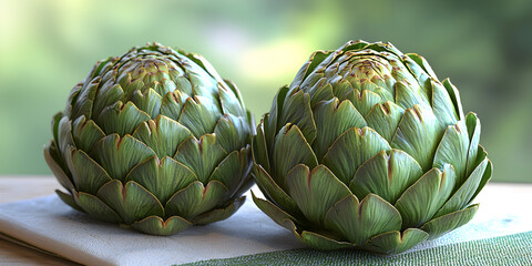 Obraz premium Fresh Organic Artichokes: Nutritious Culinary Vegetables for a Healthy Mediterranean Diet, Vibrant Garnish, and Eco-Friendly Farm-to-Table Ingredients in Seasonal Recipes and Antipasto Dishes