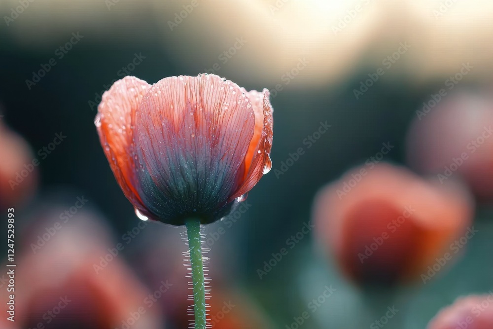 Poster single red flower with dew drops on it is the main focus of the image