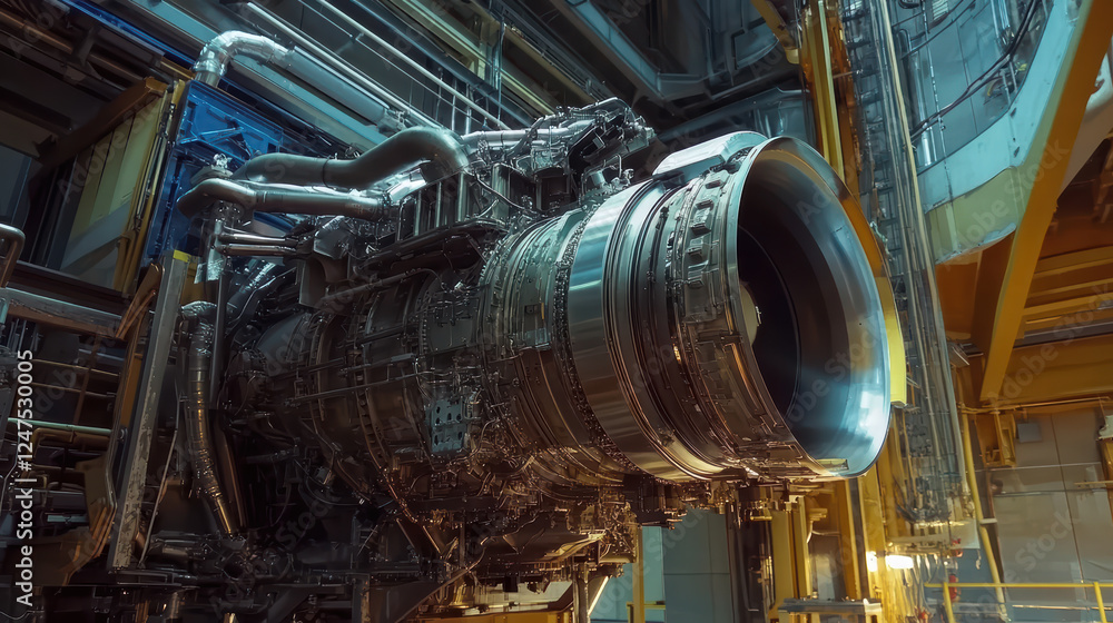 Poster engine being assembled in factory, showcasing intricate machinery and industrial design. scene highl