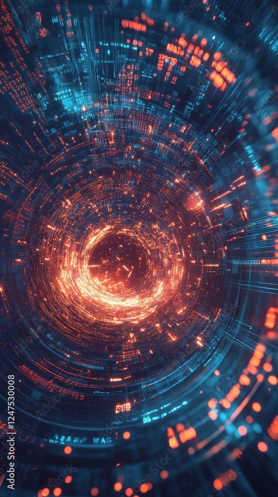 Poster abstract glowing digital tunnel with data streams and vibrant colors