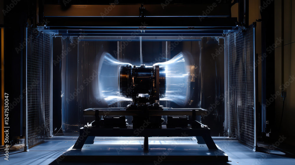 Poster engine being tested in wind tunnel, showcasing airflow dynamics and engineering precision. powerful 