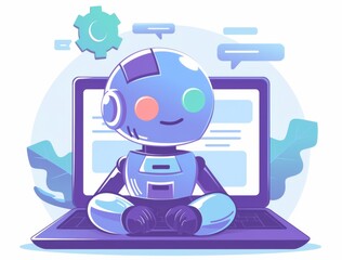 A purple and blue chatbot on a laptop with a floating green gear icon 