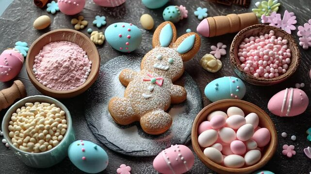 Cute easter cookie bunny surrounded by pastel candy and baking decor on wooden table