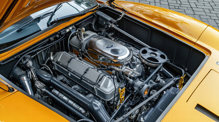 Fototapeta premium High performance sports car engine with polished metal components, showcasing intricate design and engineering. vibrant orange exterior complements powerful machinery inside