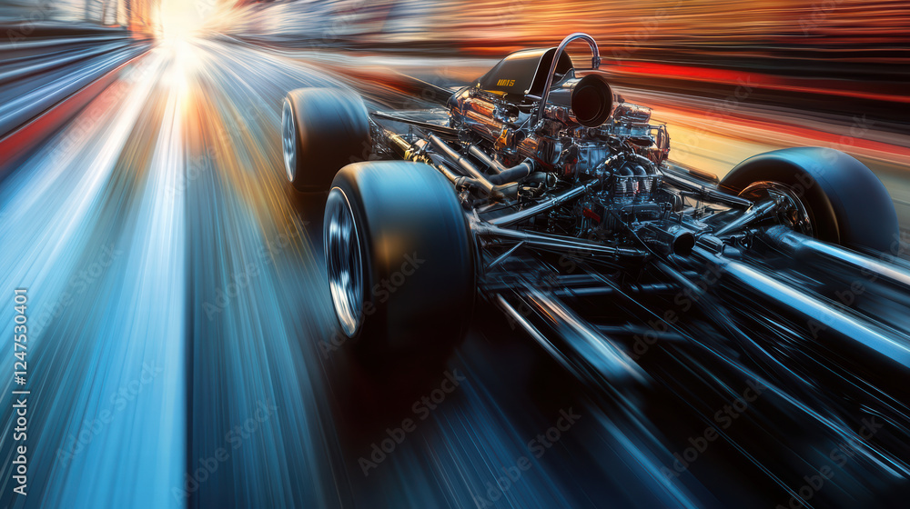 Poster high speed racing car in motion, showcasing dynamic energy and speed. blurred background emphasizes 
