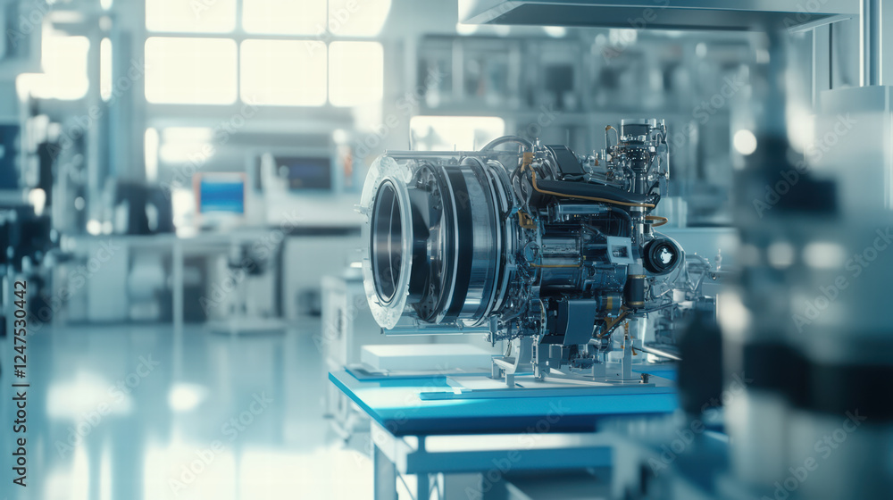 Poster high tech laboratory featuring advanced engine on workbench, showcasing intricate details and modern