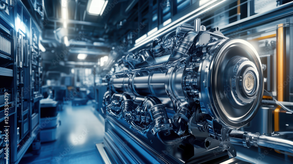 Poster high tech engine in modern laboratory showcasing advanced engineering and design. sleek metallic str