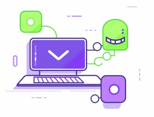 A purple and blue chatbot on a laptop with a floating green gear icon 
