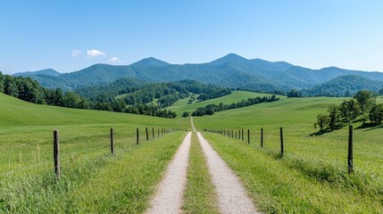 Scenic country road leads to mountains; summer landscape