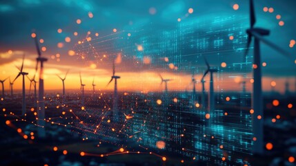 Fototapeta premium futuristic graphic icon of wind turbine data base network connection technology of Scada system at wind power plant.