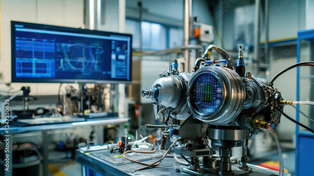Poster engine on test bench with advanced monitoring equipment, showcasing intricate details and technology