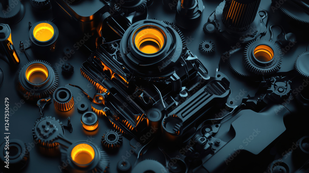 Poster close up view of engine surrounded by gears and tools, showcasing intricate mechanical details and g