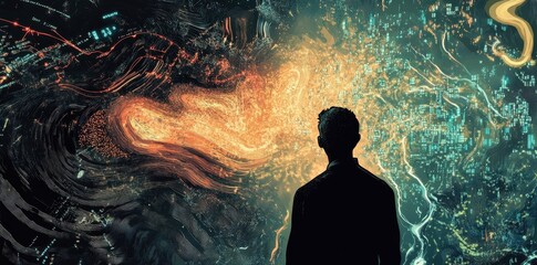 Fototapeta premium A silhouetted figure stares into swirling patterns of light