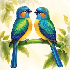Naklejka premium Two vibrant love birds perched side by side on a lush green branch, gazing lovingly into each other's bright, expressive eyes.