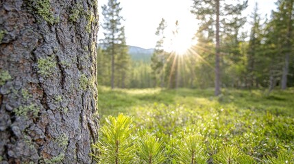 Obraz premium Sunlit forest scene, pine tree bark close-up, nature background, ideal for eco-tourism brochure