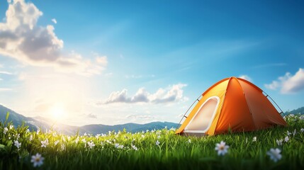 A vibrant orange tent glowing under the sunlight in a grassy meadow, surrounded by wildflowers, beneath a crisp blue sky with soft white clouds, watercolor style, tranquil mood
