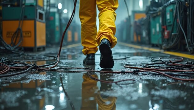 Worker walks over wet factory floor cluttered with scattered cables. Unsafe conditions create tripping hazard. Industrial environment shows potential risk. Maintenance work happening in factory.