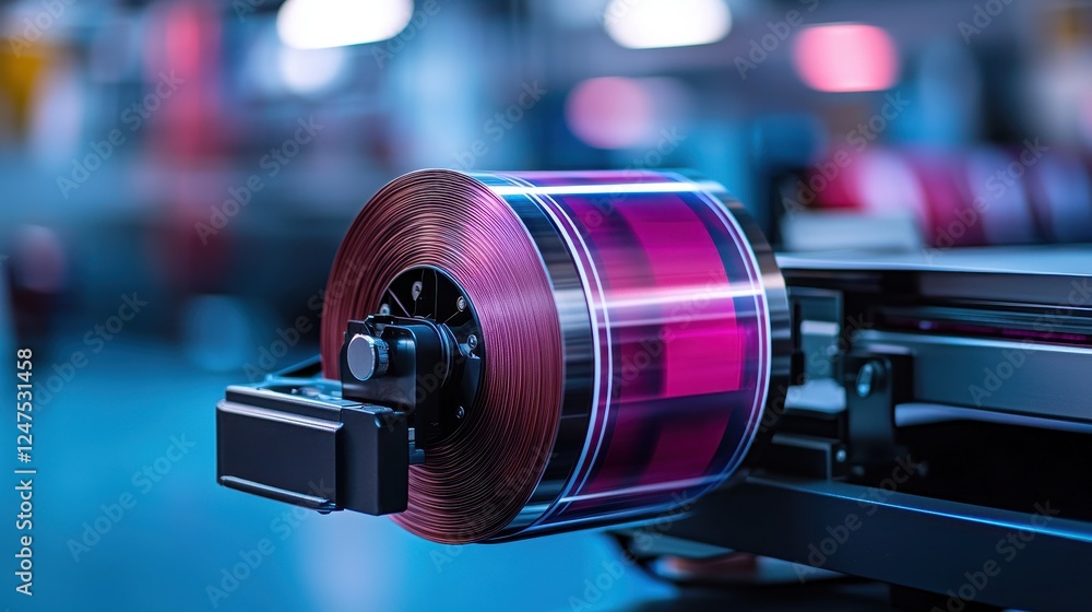 Poster internal supply chain concept. precision printing: close-up of modern printing roll in a high-tech p
