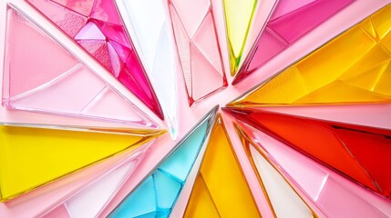 Fototapeta premium A vivid arrangement of translucent stained glass pieces, radiating light and color on a pristine white base, centered within a striking pink backdrop, surreal pop art
