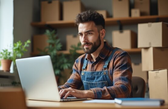 Man works on laptop in home office. Focused young entrepreneur manages small business online. Checks orders, manages inventory. Home office workspace filled with cardboard boxes. Shipping, logistics
