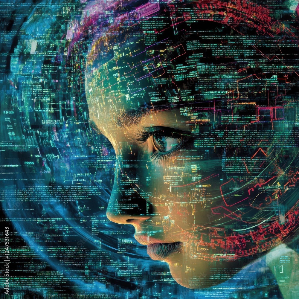 Poster digital woman with overlaid code and circuitry displays complexity