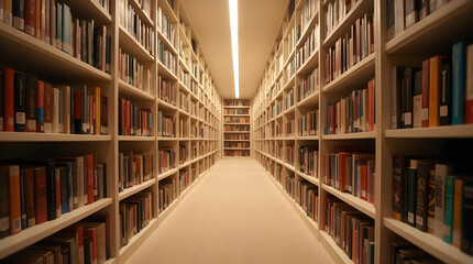 Library Bookshelves Aisle: Endless Rows of Books in a Well-Lit Academic Library, Knowledge and Learning Resources, Education Concept