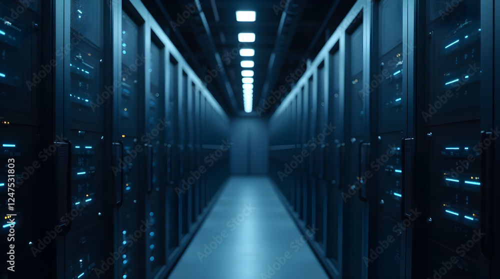 Poster server room data center: rows of computer servers in a dark, modern facility for cloud computing and