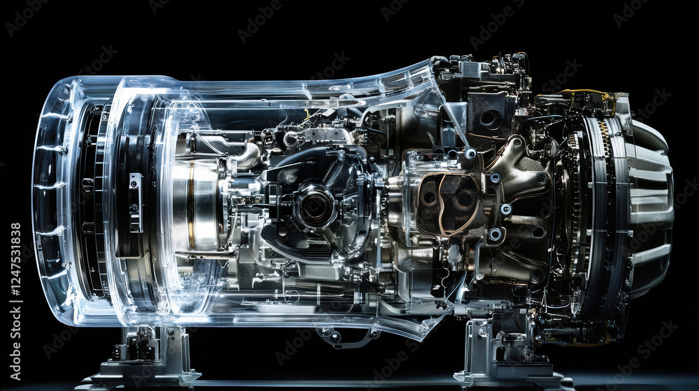 Poster transparent engine casing reveals intricate internal components, showcasing advanced engineering and