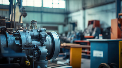 Fototapeta premium industrial engine in workshop setting, showcasing machinery and tools, reflects busy and productive environment. detailed components highlight engineering precision and craftsmanship