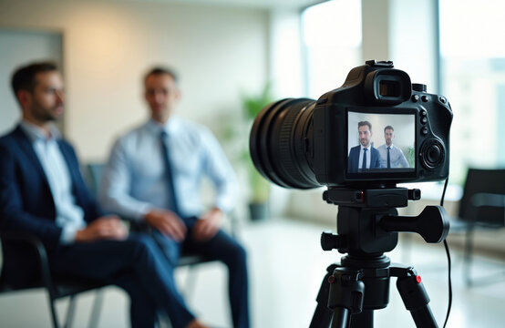 Businessmen interviewed for video. Camera on tripod records interview in office. Two men in suits sit for corporate video call. Pro video production in progress. Interior setting shows office