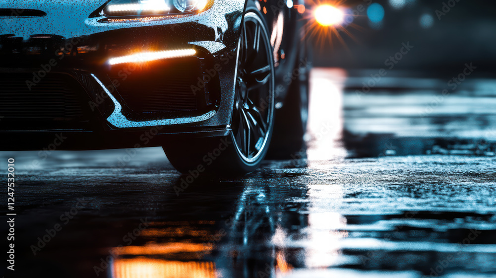 Poster close up view of car headlights reflecting on wet pavement, creating dramatic and moody atmosphere. 