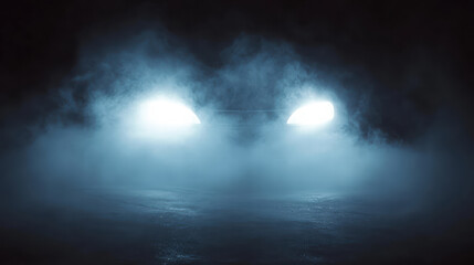 Close up of car headlights shining through fog, creating mysterious atmosphere. bright lights pierce darkness, enhancing sense of intrigue and depth