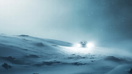 Fototapeta premium car headlights illuminate snowy landscape, creating serene yet mysterious atmosphere. scene captures beauty of winter, with snowflakes gently falling in night