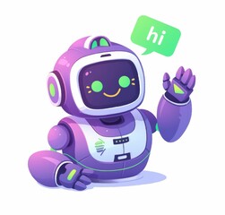 Fototapeta premium A purple chatbot holding code and waving hello, with a speech bubble and green sticker-like text. 