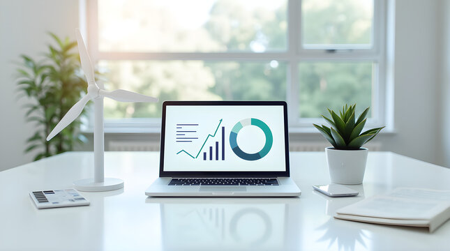 Sustainable Business Analytics: Laptop Displaying Green Energy Data on Clean White Desk with Wind Turbine Model