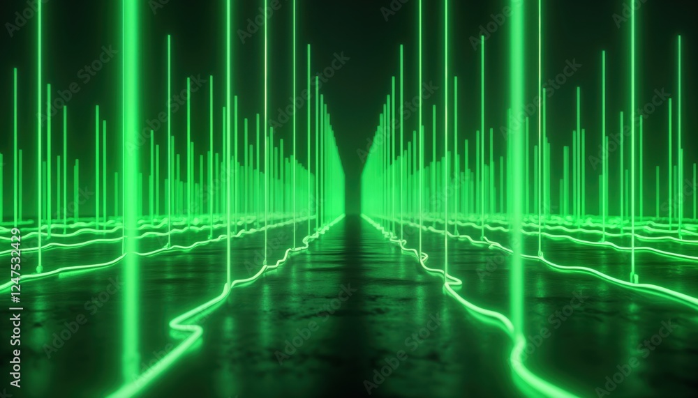 Poster abstract neon green lines create dynamic pattern on dark surface. bright glowing lines form vertical